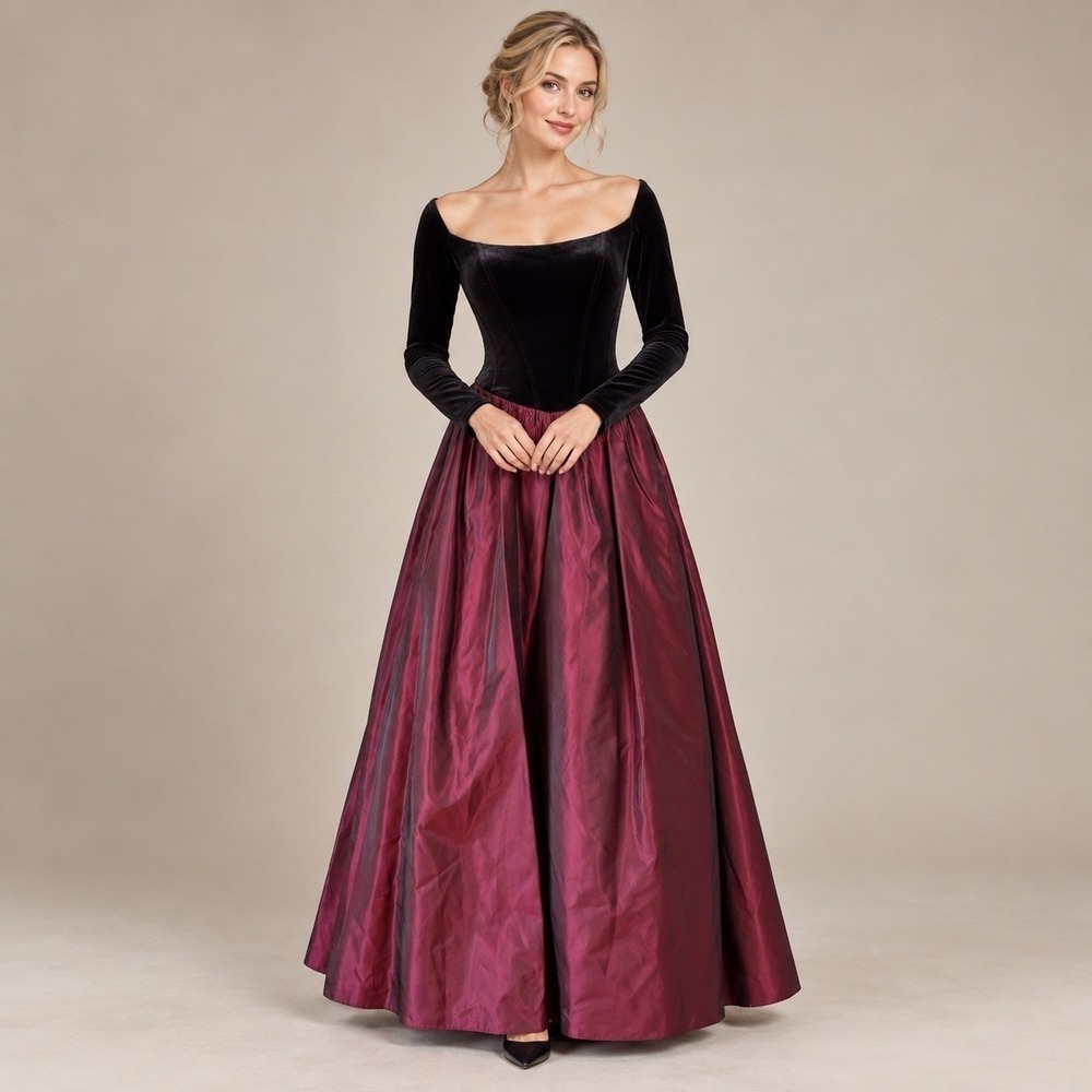 Vintage Y2K Jessica McClintock Black Velvet Burgundy Ball Gown Size 4 SONY
